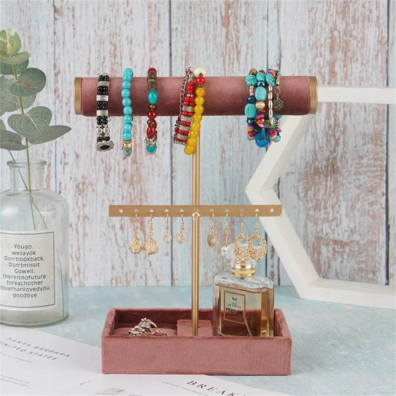 T-shaped Necklace Holder Jewelry Stand with Storage Tray, Organizer Rack