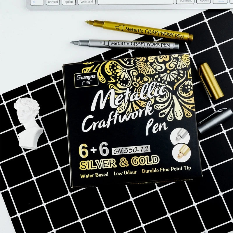 T84B Marker Pens 12pcs Waterproof Permanent Silver for Student Diary Doodling