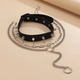 Hip Hop PU Rivet Necklace Geometric Metal Circle Tassel Necklace Set