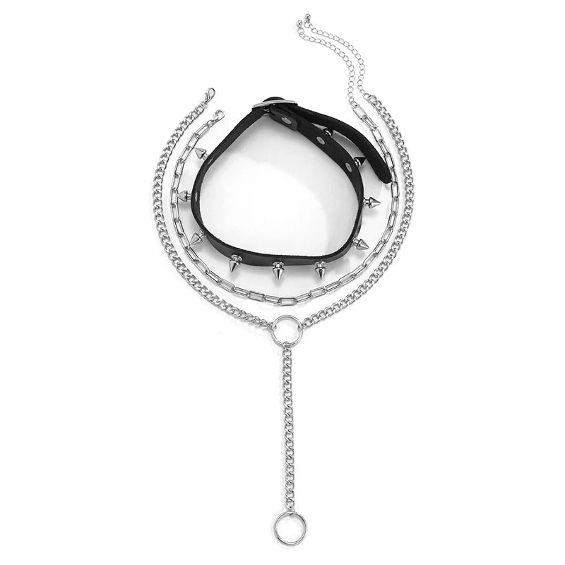 Hip Hop PU Rivet Necklace Geometric Metal Circle Tassel Necklace Set