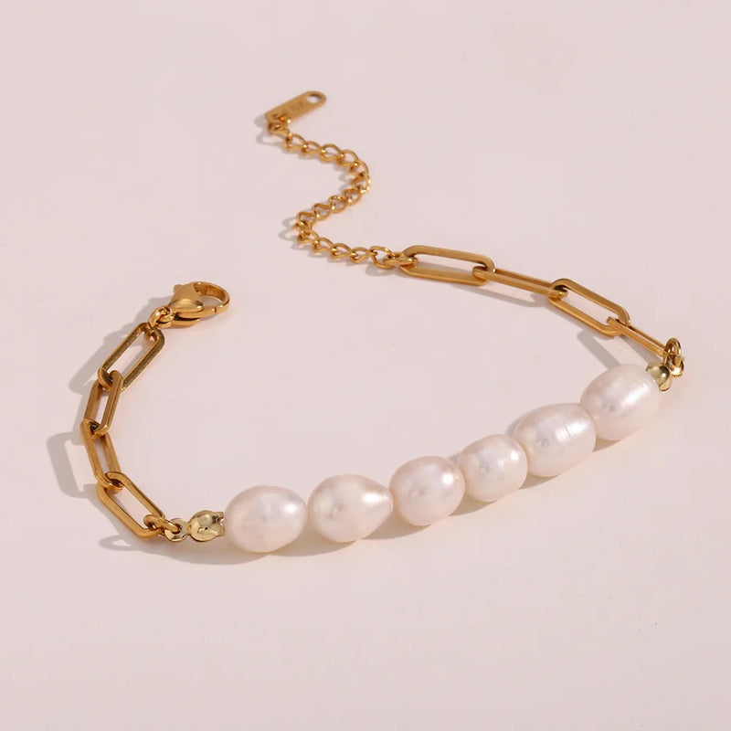 Stainless Steel 18K Plated Chain Freshwater Pearl Bracelet for Women