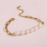 Stainless Steel 18K Plated Chain Freshwater Pearl Bracelet for Women
