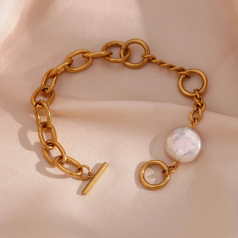 Baroque Pearl Stainless Steel Bracelet 18K Plated Bangle