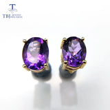 6x8mm 3ct African Amethyst Oval Gemstone Earrings in 925 Yellow with Box