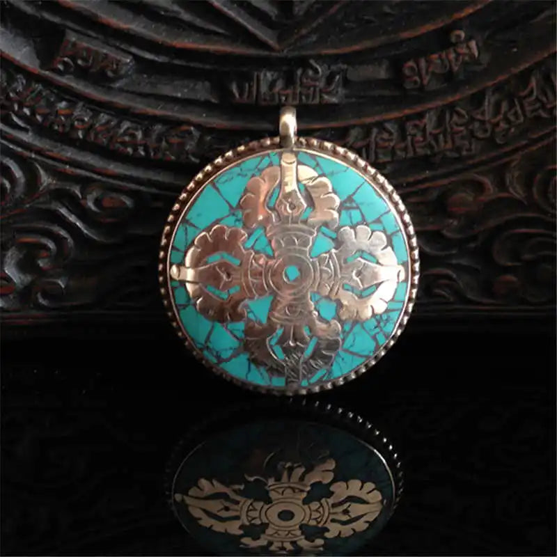 Tibetan Amulet Pendant Double Cross Dorje Copper Stone Inlaid