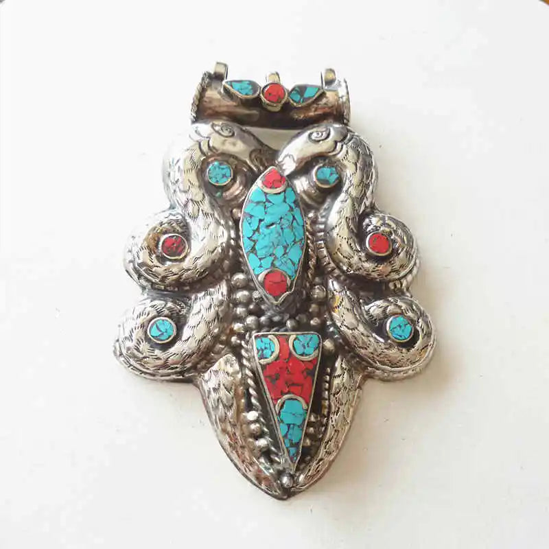 TBP699 Tibetan Dragon Amulet Copper Inlaid Pendant