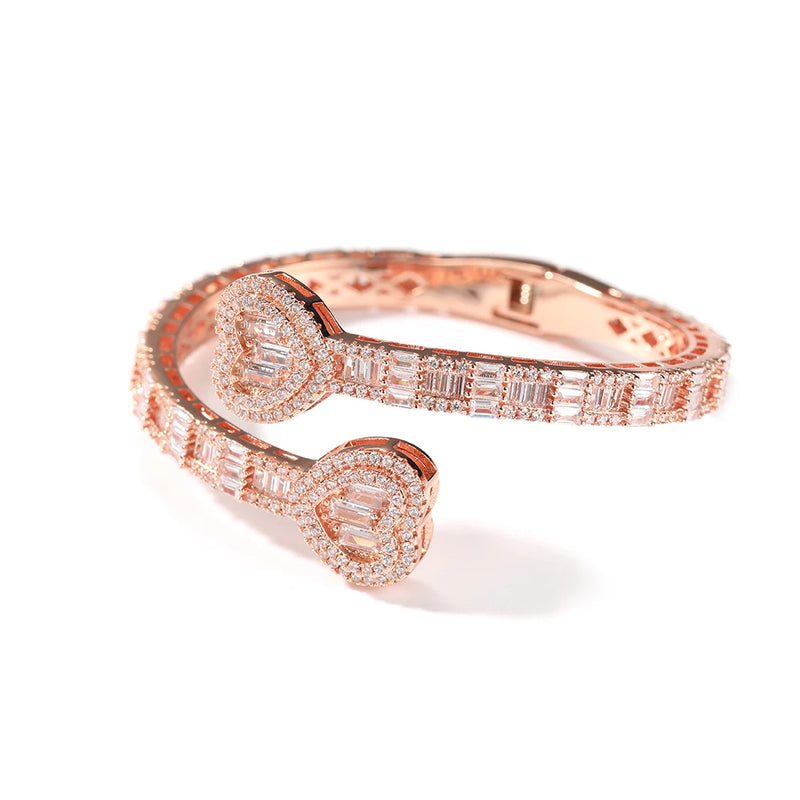 TBTK 6mm Baguettecz Heart Cuff Bangle Micro Paved Bling Cubic Zirconia Wrist