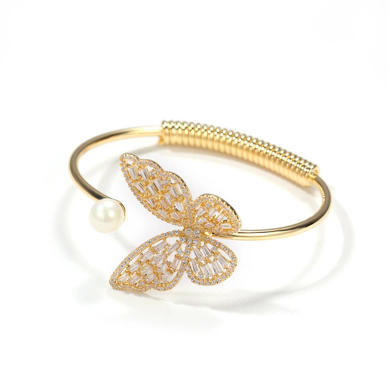 Pearl Butterfly Cuff Bracelet Copper CZ Women's Jewelry