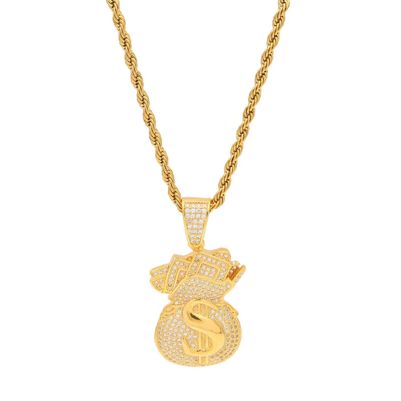 TBTK US Dollar Purse Pendants Hiphop Men Necklaces Money Bag Pendant Bling CZ