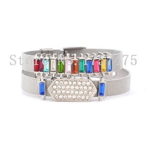 Stainless Steel Mesh Charm Bracelet Set with Birthstone Charms