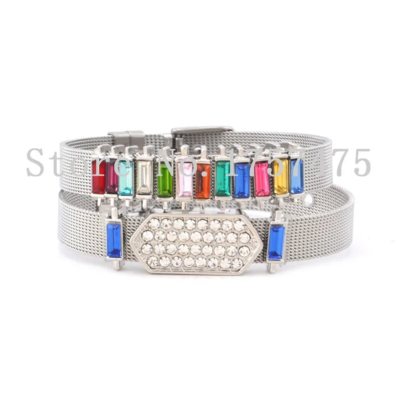 Stainless Steel Mesh Charm Bracelet Set with Birthstone Charms