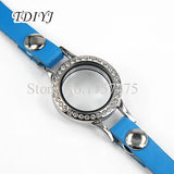 PU Leather Steel Crystal Glass Locket Bracelet for Women