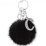 Crystal Letter Keychain with Faux Rabbit Fur Ball