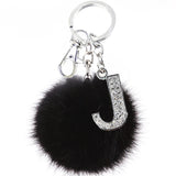 Crystal Letter Keychain with Faux Rabbit Fur Ball