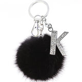 Crystal Letter Keychain with Faux Rabbit Fur Ball