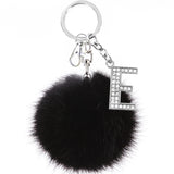 Crystal Letter Keychain with Faux Rabbit Fur Ball