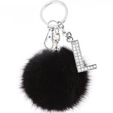 Crystal Letter Keychain with Faux Rabbit Fur Ball