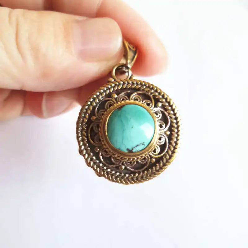 Nepal Brass Golden Inlaid Flower Pendant Tibetan Prayer Box GAU Amulet