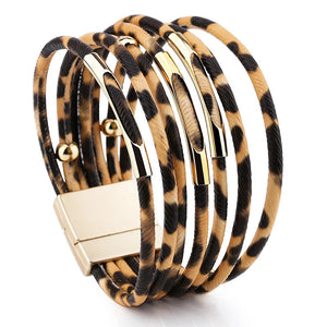 Lady Leather Bracelet Magnetic Buckle Multilayer Wrapped Wide Bracelet Jewelry