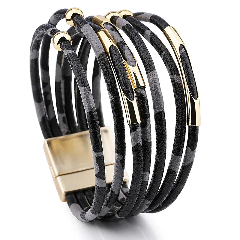 Lady Leather Bracelet Magnetic Buckle Multilayer Wrapped Wide Bracelet Jewelry