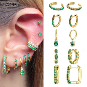 Green Zircon Hoop Drop Earrings & Ear Cuff Set