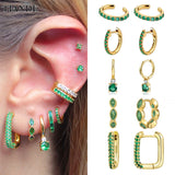 Green Zircon Hoop Drop Earrings & Ear Cuff Set
