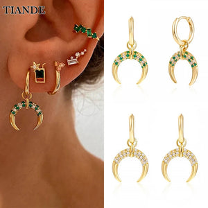 Green Zircon Crescent Moon Dangle Earrings