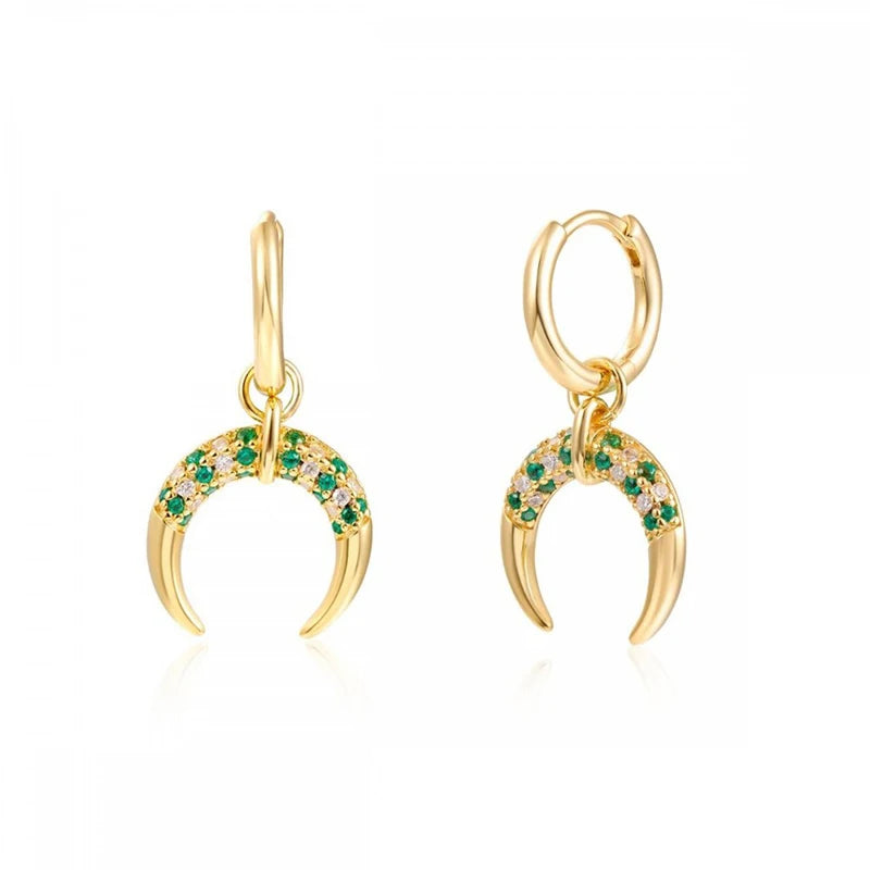 Green Zircon Crescent Moon Dangle Earrings