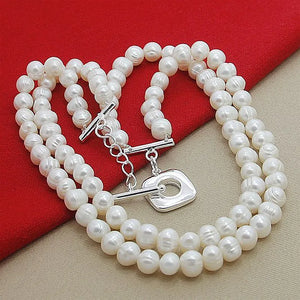 8mm Double Natural Pearls Chain Necklace 925 Sterling Silver Women Wedding