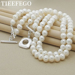 8mm Double Natural Pearls Chain Necklace 925 Sterling Silver Women Wedding