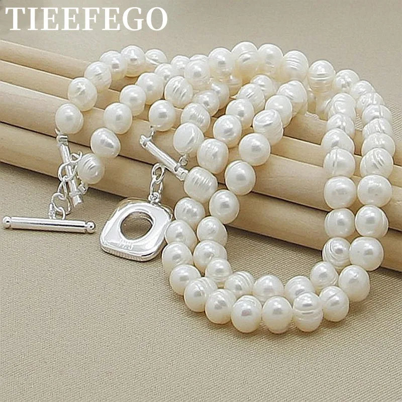 8mm Double Natural Pearls Chain Necklace 925 Sterling Silver Women Wedding