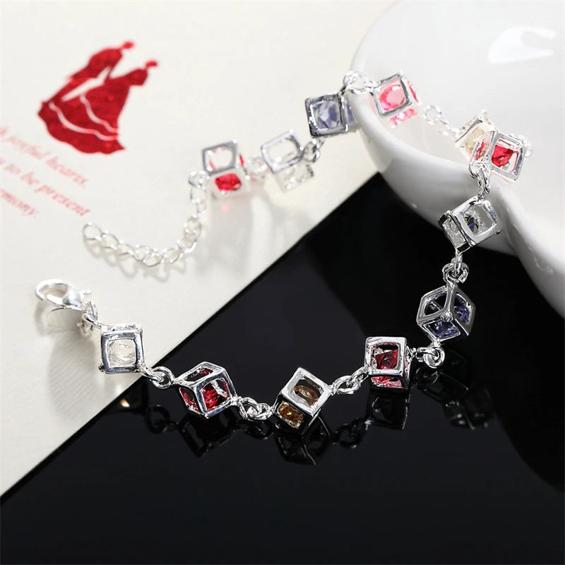 925 Silver Zircon Checkered Bracelet For Ladies