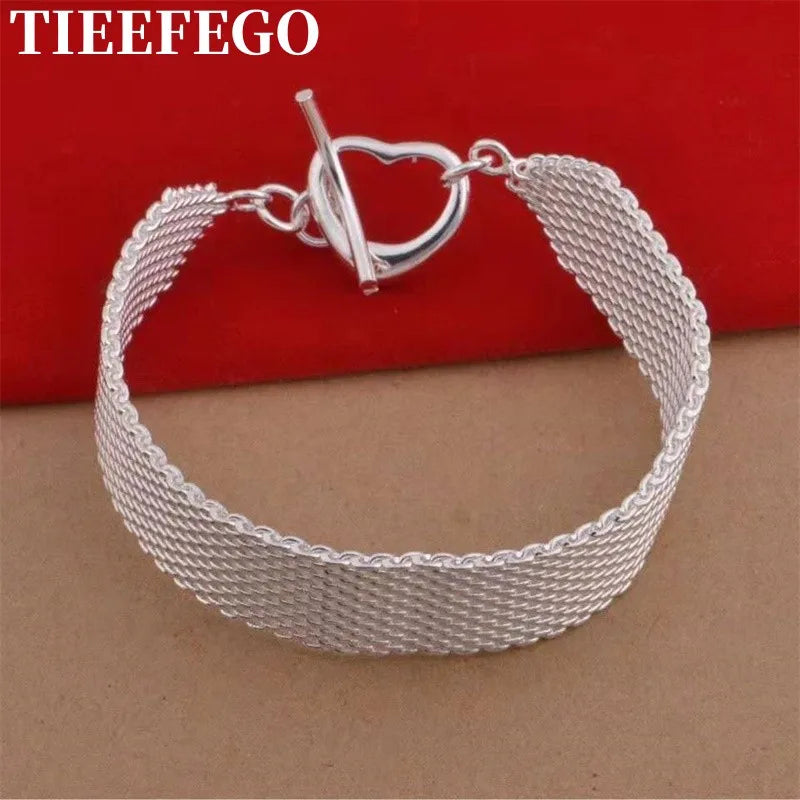 925 Silver Heart Buckle Bracelet Women's Chain Charm Jewelry