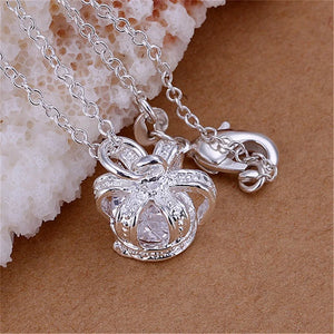 925 Silver Crystal Crown Pendant Necklace Wedding Party Jewelry
