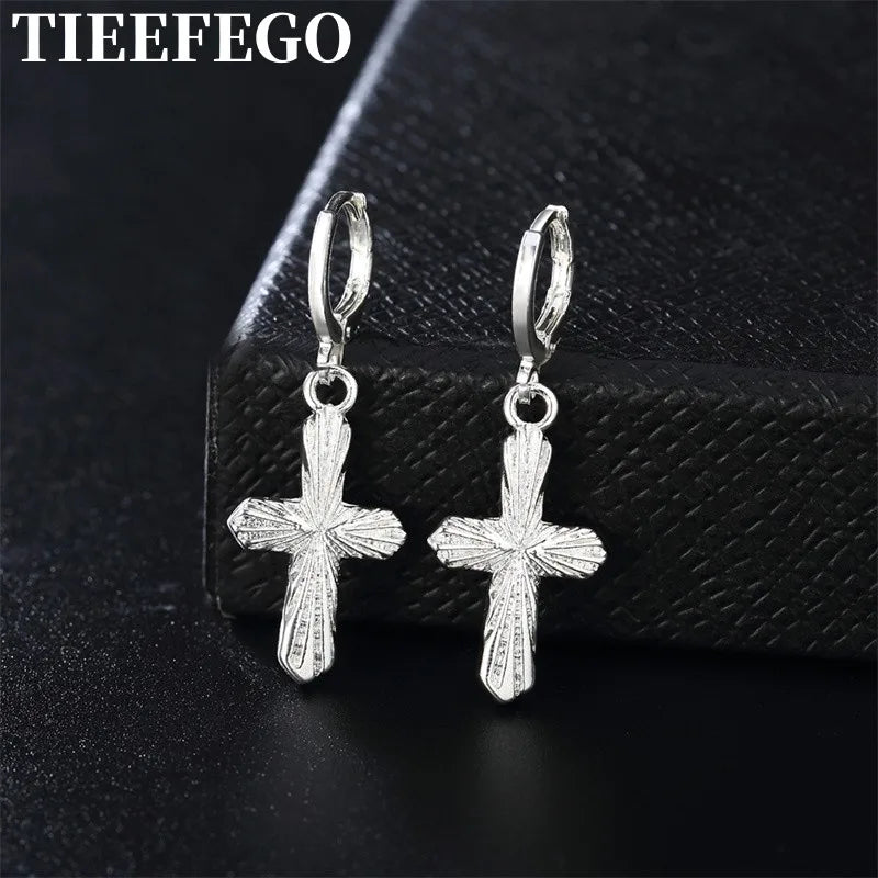 925 Silver Earrings Ladies Drop Cross Hook Party Wedding Jewelry
