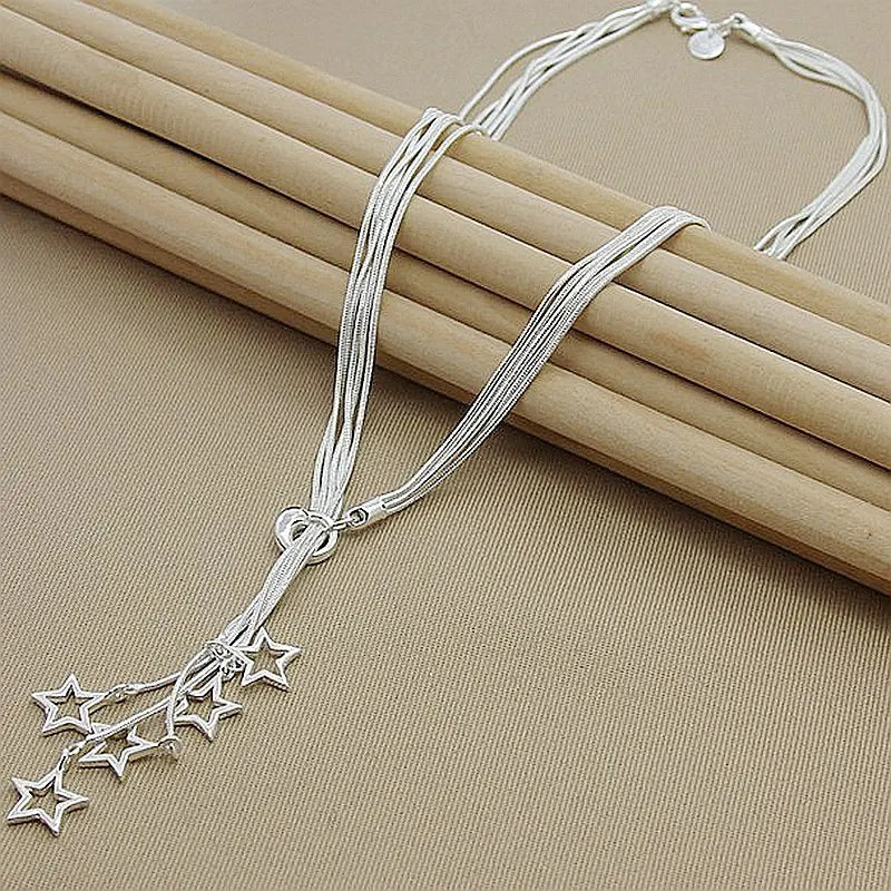 925 Silver Five Star Pendant Necklace with 18" Snake Chain