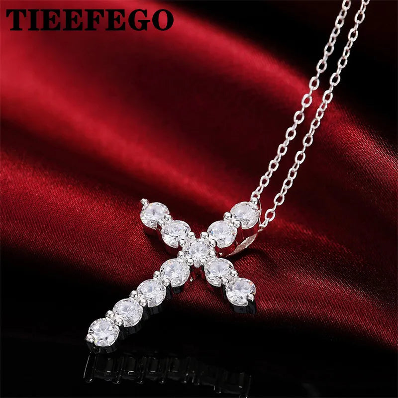 925 Silver Zircon Cross Pendant Necklace Lady Goddess Gift Charm Jewelry