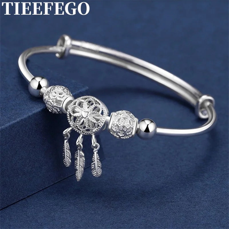 925 Silver Bracelet Dream Catcher Tassel Feather Bead Charm Bangle