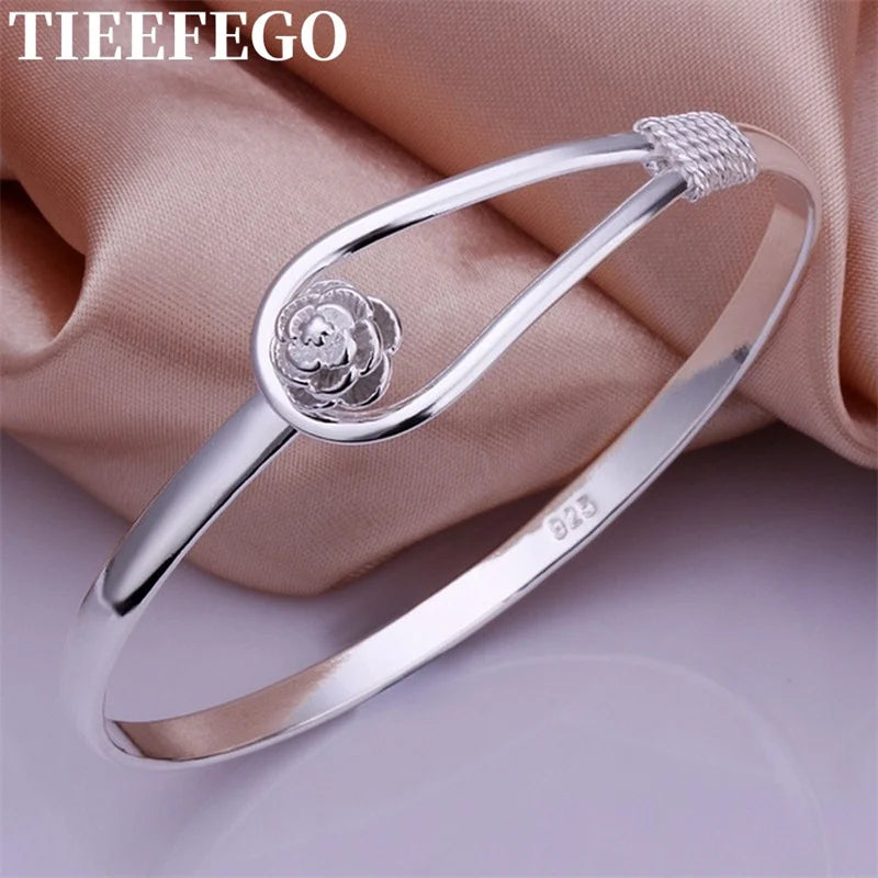 925 Silver Bangle Women's Flower Bracelet