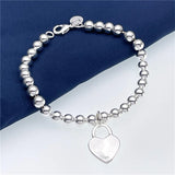 925 Silver Heart Lock Style 6MM Beads Chain Bracelet Women Top Gift