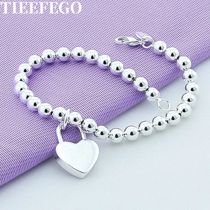 925 Silver Heart Lock Style 6MM Beads Chain Bracelet Women Top Gift