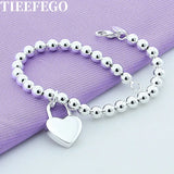 925 Silver Heart Lock Style 6MM Beads Chain Bracelet Women Top Gift