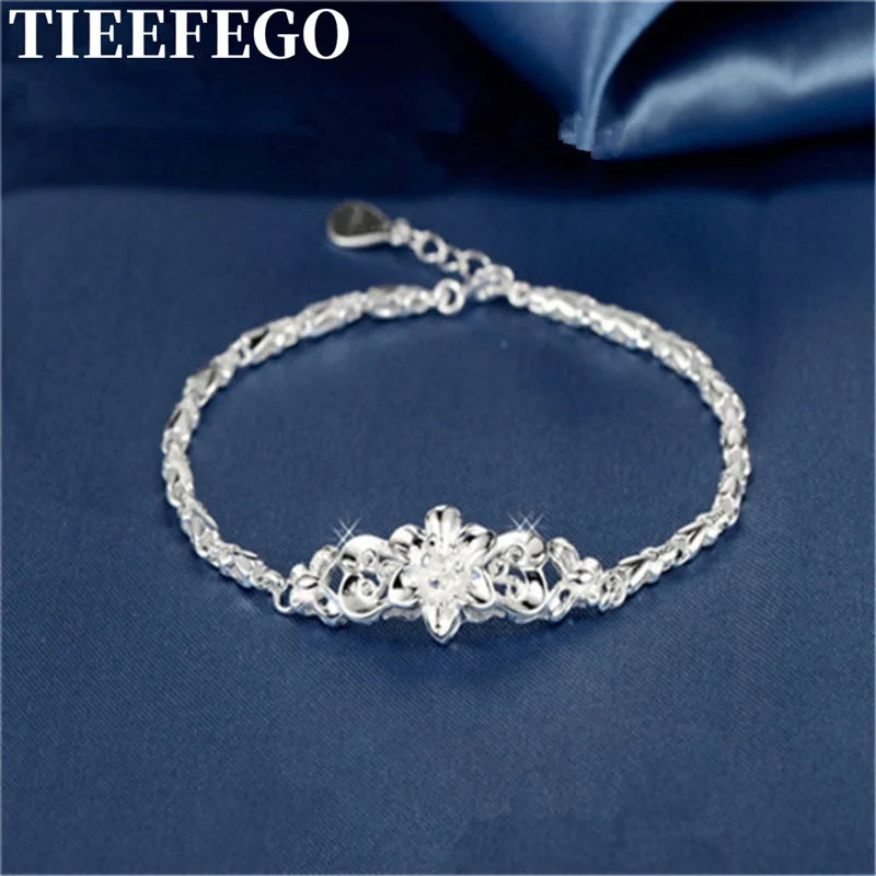 925 Silver Bracelet Vintage Flowers Chain Fine Jewelry Wedding Lady