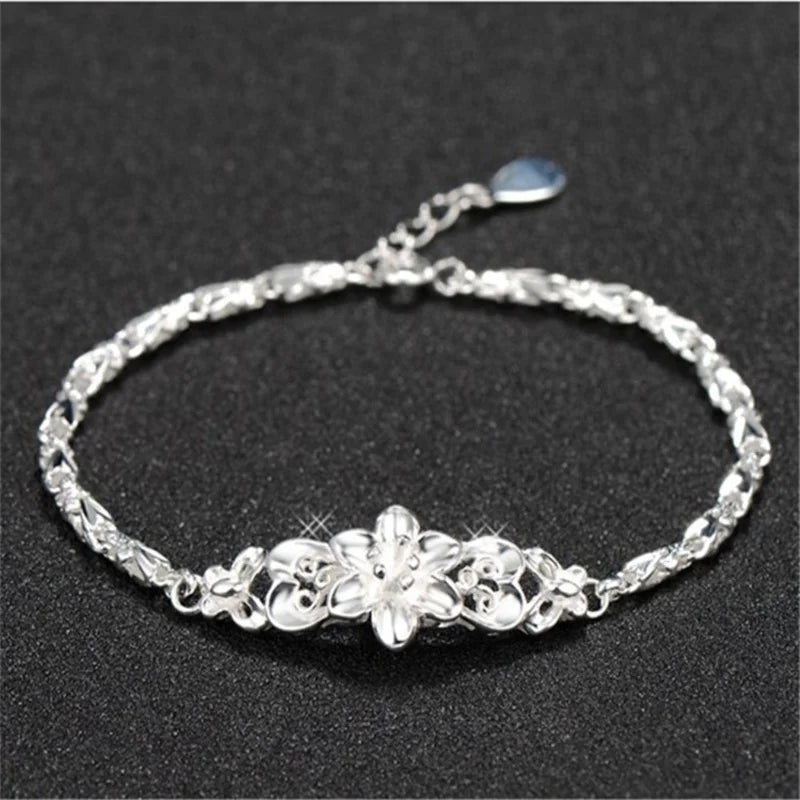 925 Silver Bracelet Vintage Flowers Chain Fine Jewelry Wedding Lady