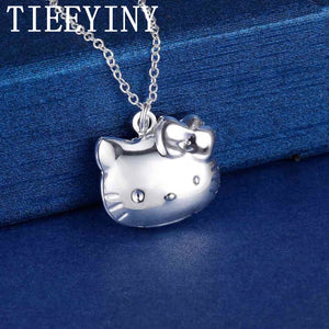 925 Silver Kitty Cat Pendant Necklace Women Wedding Jewelry