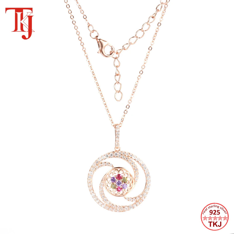 925 Silver Zircon Ruby Flower Pendant Necklace For Women