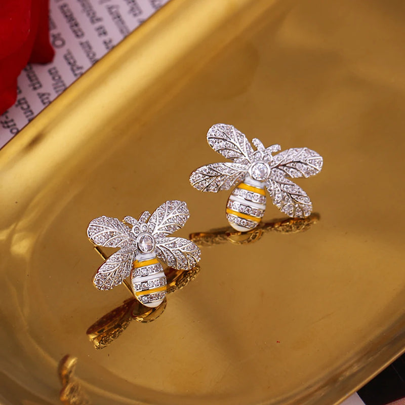 S925 Sterling Silver Bee Earrings, Micro-Inlaid Zircon, Girls' Earrings