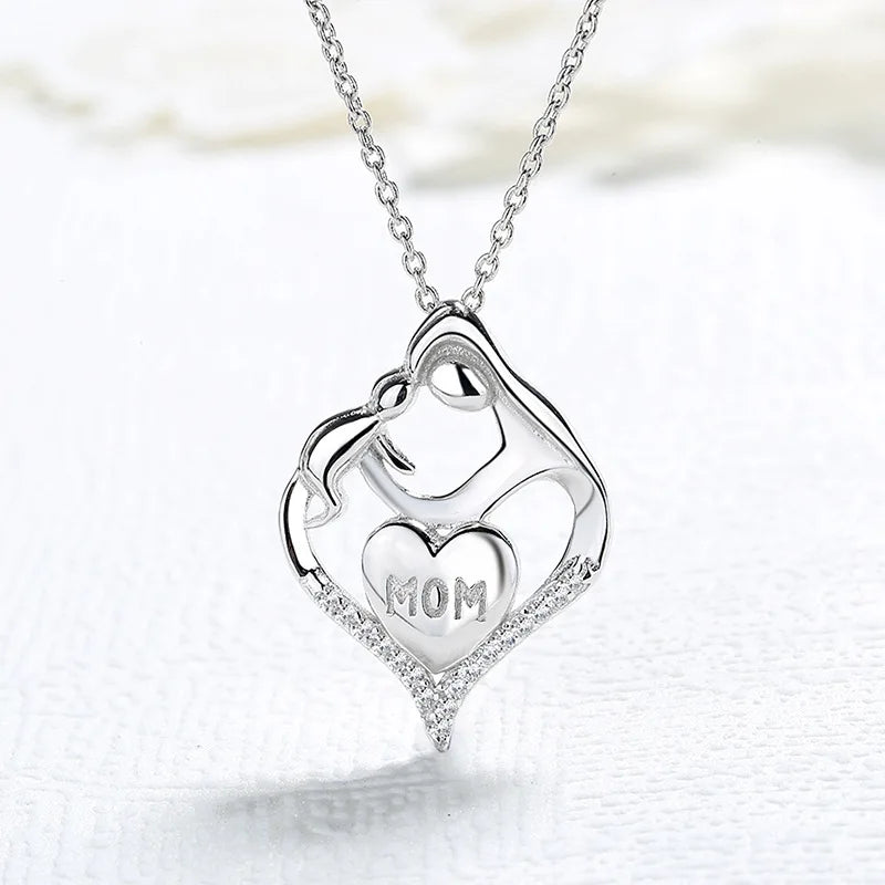 TNF88 Mother and Child Heart Love Necklace Silver Jewelry