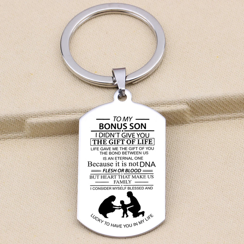 BONUS SON Gift Keychain Stainless Steel Dog Tag Pendant
