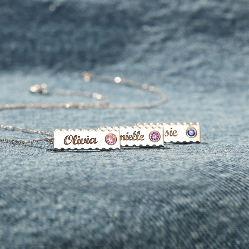 Personalized Bar Necklace with Birthstone - Engraved Name Gift